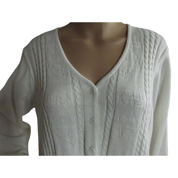 Knit Minded Cardigan Sweater Medium White Cable button front M open snap back - Picture 2 of 12